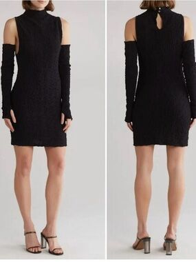 Free People Black Cold-Shoulder Textured Midi Dress